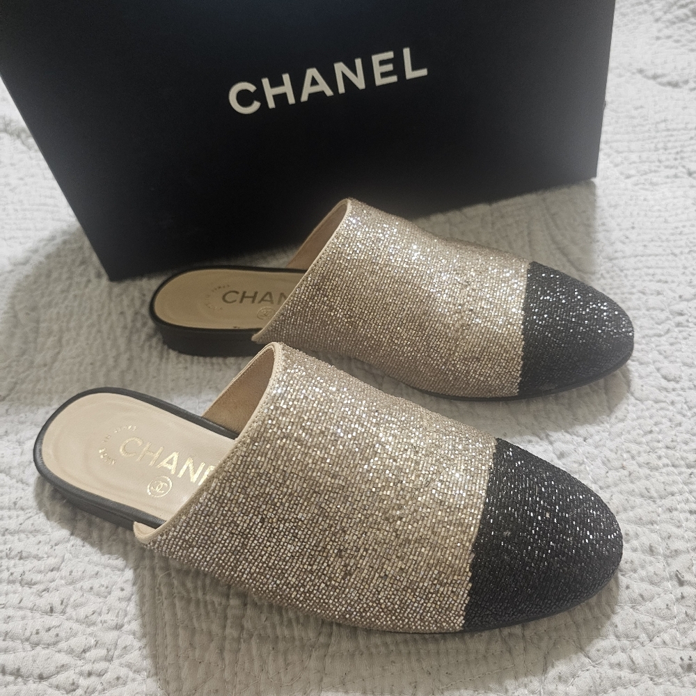 Chanel Gold and Black Mules with Signature Two-Tone Beaded Design Size  36